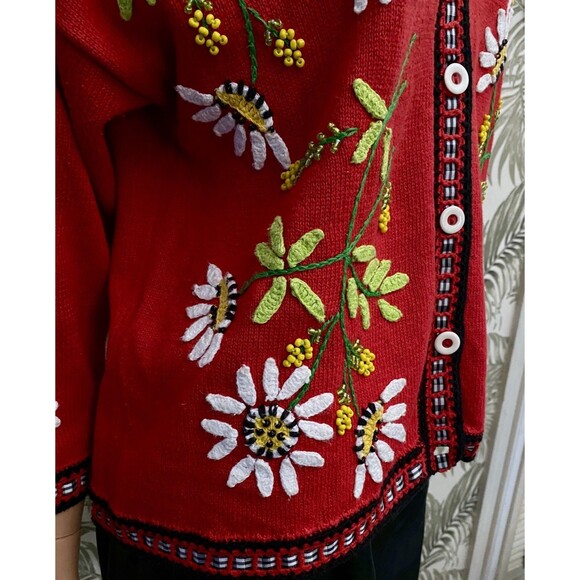 Design Option Philip Jane Gordon Vtg  L Daisy Beaded Cardigan Ribbon Floral 3D - Picture 9 of 16